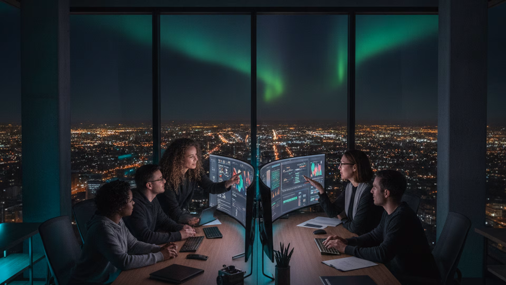 The Aurora Play Lounge team collaborating in a Toronto office at night