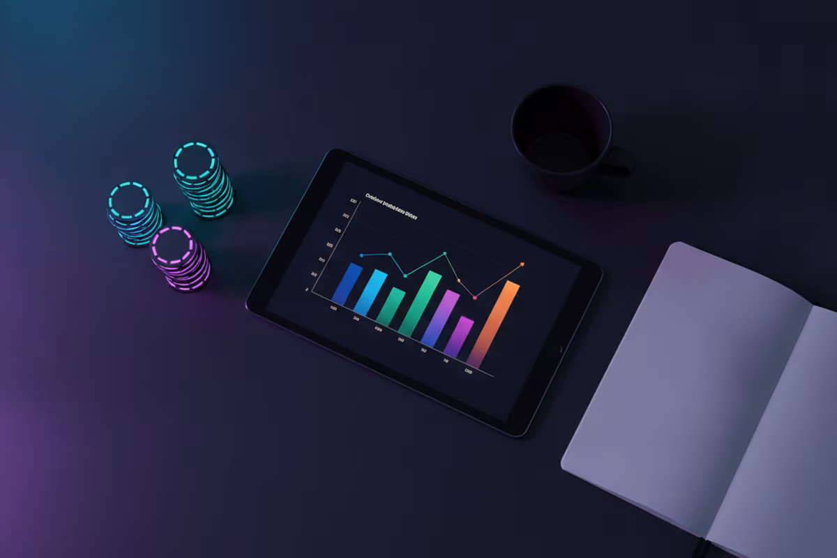 A dark desk with a tablet showing growth charts beside stacks of glowing game tokens