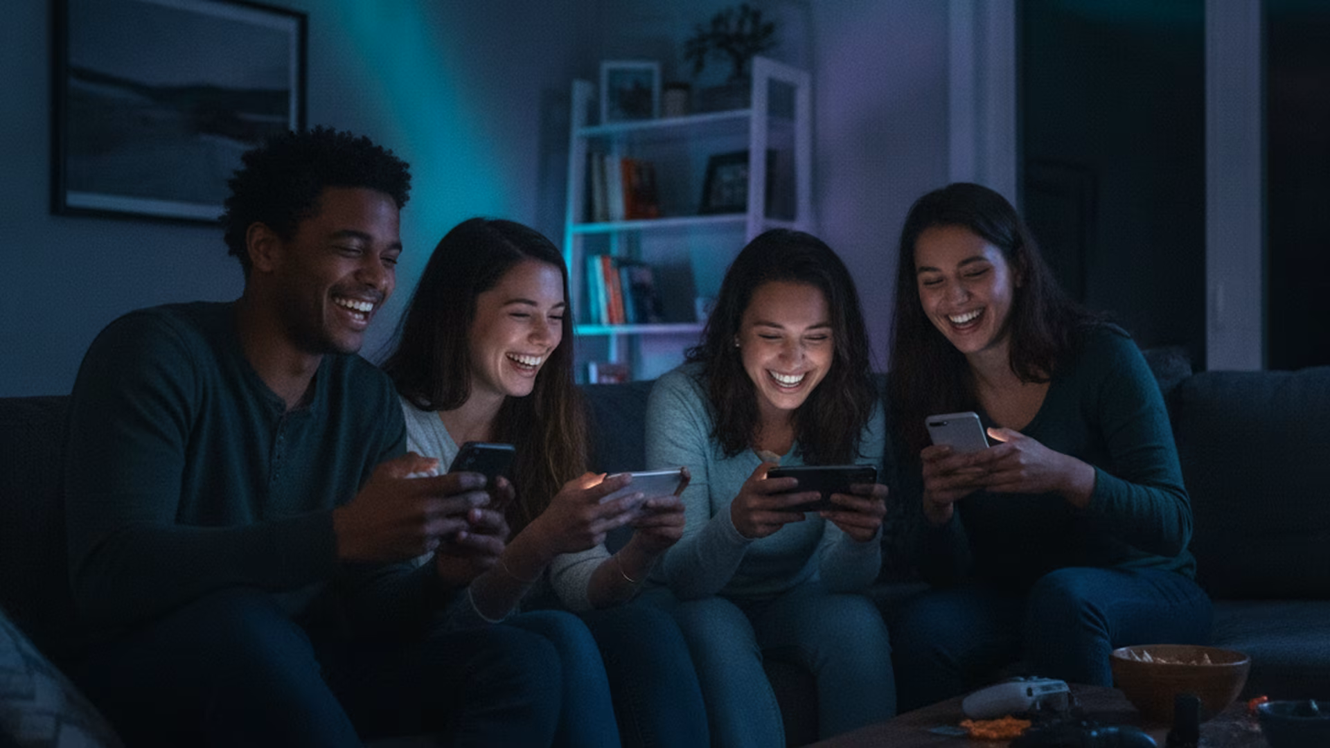 Friends enjoying free casino games together on their phones