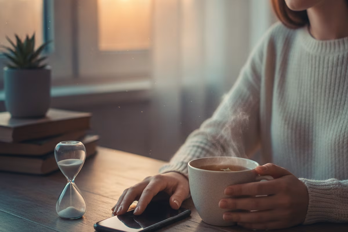 A relaxed player setting her phone down beside a cup of tea